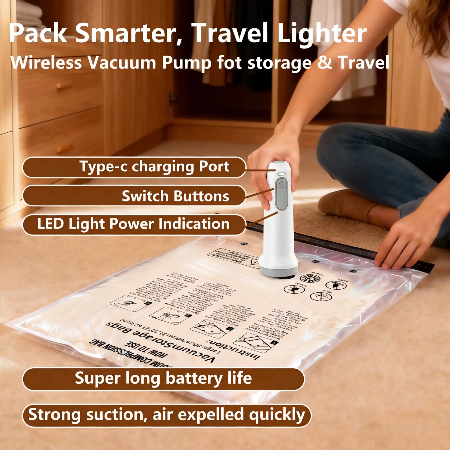 Cordless Travel Vacuum Storage Compression Bag Set – 15-Pack in 3 Sizes